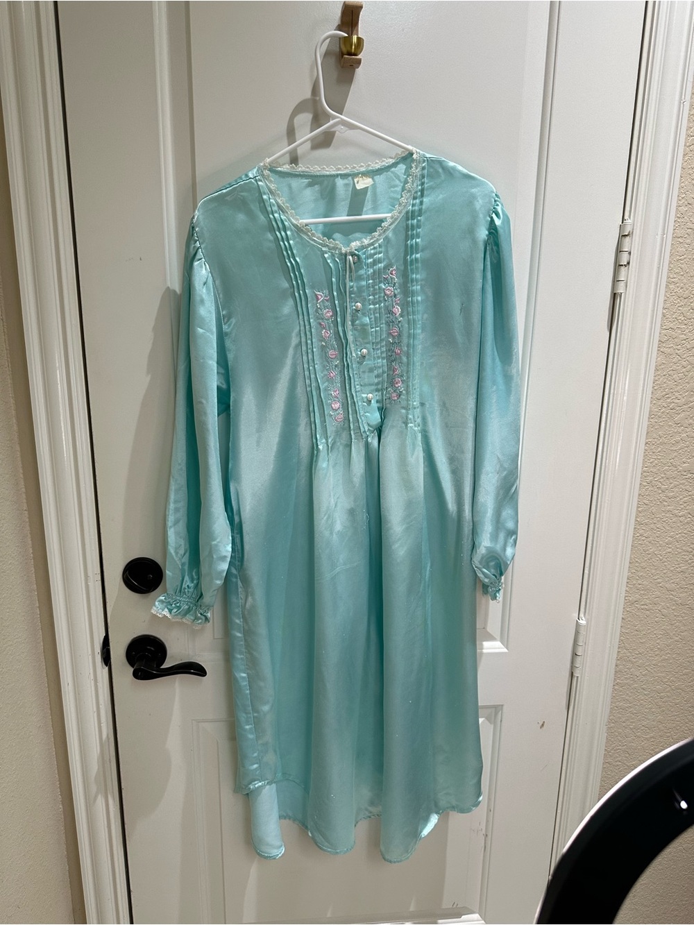 Women’s Satin Chemise Nightgown in Light Aqua with Embroidery